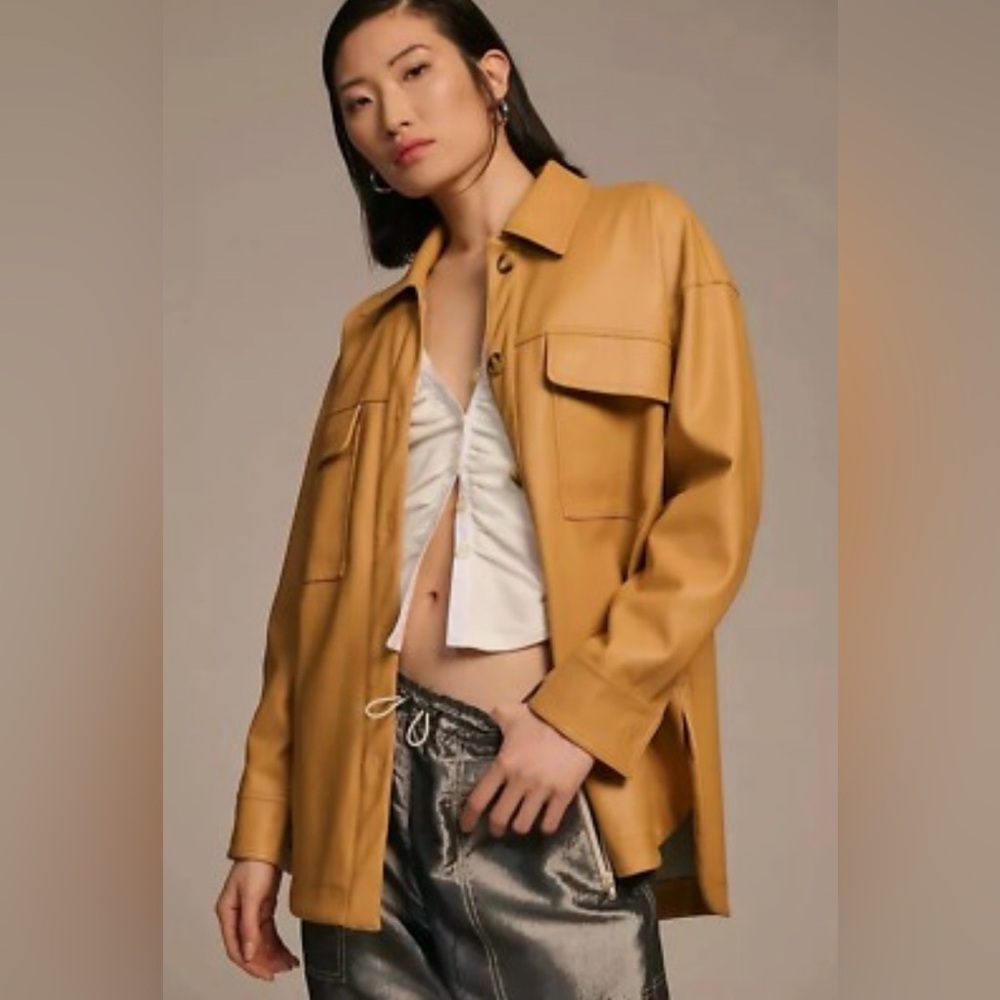 Anthropologie Maeve Faux Leather Mustard Shirt Jacket Size Small